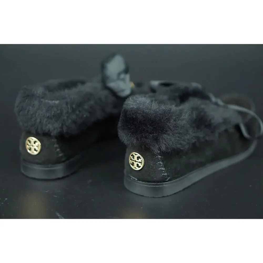 Tory Burch Aberdeen Genuine Rabbit Fur Trim Slipper Bootie SZ 5.5 NIB Black Bow